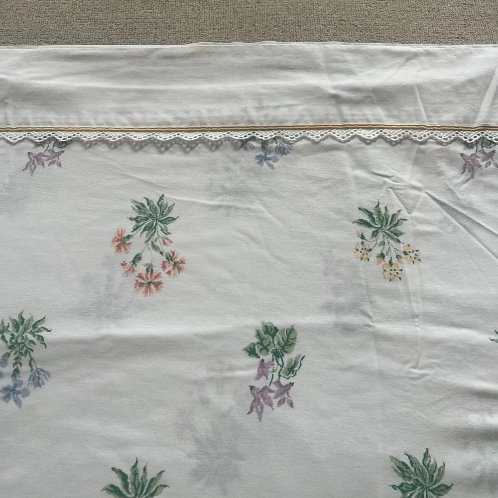 Vintage Martha Stewart Floral Full Sheet Set Lace Trim Cottagecore 50/50 Cotton